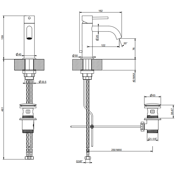 GESSI 316 смеситель для раковины на 1 отверстие с донным клапаном, излив 123мм, цвет: Brushed Brass PVD - Gidratop.ru изображение