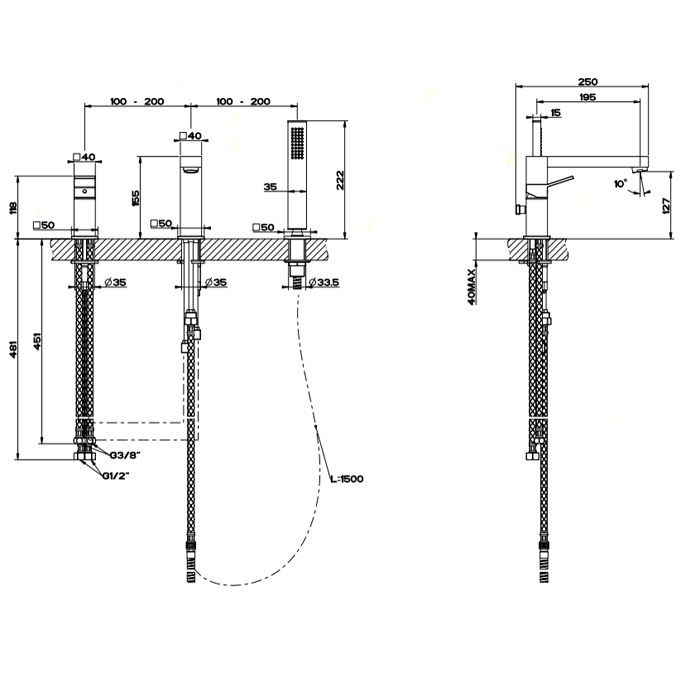 Gessi Rettangolo K смеситель для ванны на 3 отверстия, с встроенным в излив переключателем и ручным душем, цвет: черный - Gidratop.ru изображение