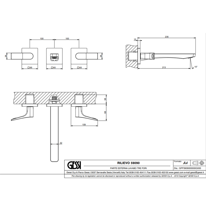 GESSI Rilievo встраиваемый смеситель для раковины на 3 отв, с изливом 213мм (внешние части), цвет: хром - Gidratop.ru изображение