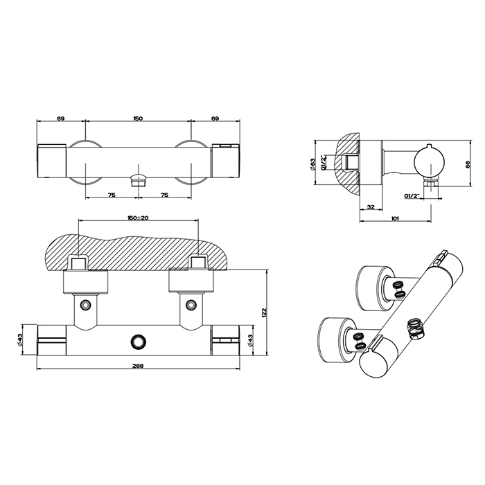 Gessi Emporio Via tortona смеситель термостатический наружный для душа, цвет: Chrome - Gidratop.ru изображение