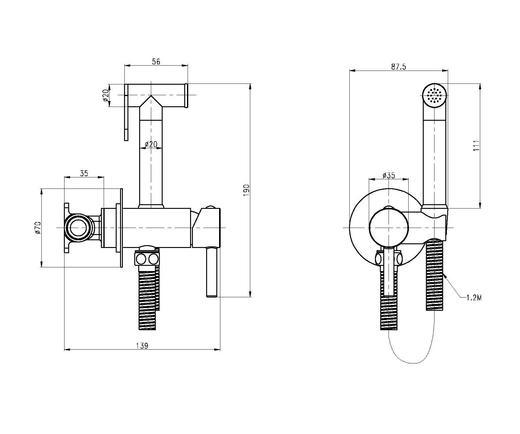 CZR-SET-DA1-ID2-FMM120-NOP Набор для гигиенического душа, чёрный (Смеситель для гигиенического душа со штуцером и держателелем, шланг металлизированный 120 см, душ гигиенический) - Gidratop.ru изображение