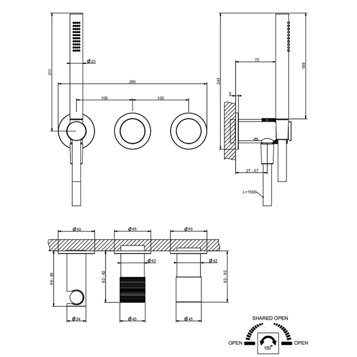 GESSI HABITO TRAME смеситель настенный встраиваемый, однорычажный, с переключателем на 2 положения, с ручным душем, настенным держателем, цвет хром - Gidratop.ru изображение