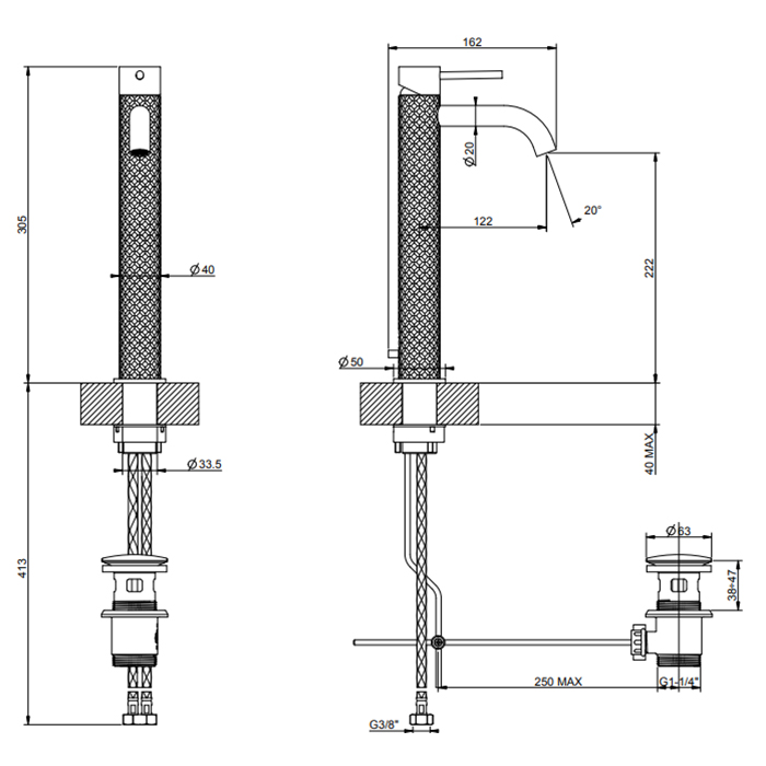 GESSI 316 смеситель высокий для раковины на 1 отверстие с донным клапаном, h=305мм , излив 123мм, цвет: brushed black metal pvd - Gidratop.ru изображение