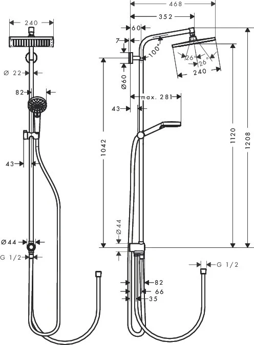Душевой гарнитур Hansgrohe Crometta E 240 1jet Showerpipe Reno EcoSmart 9 л 27289000 с верхним душем, корпус хром, лицевая часть хром - Gidratop.ru изображение