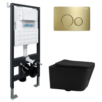 Комплект подвесной унитаз ABBER Rechteck AC1201MB черный матовый с инсталляцией AC0105 и кнопкой AC0121MMG золото матовое - Gidratop.ru изображение