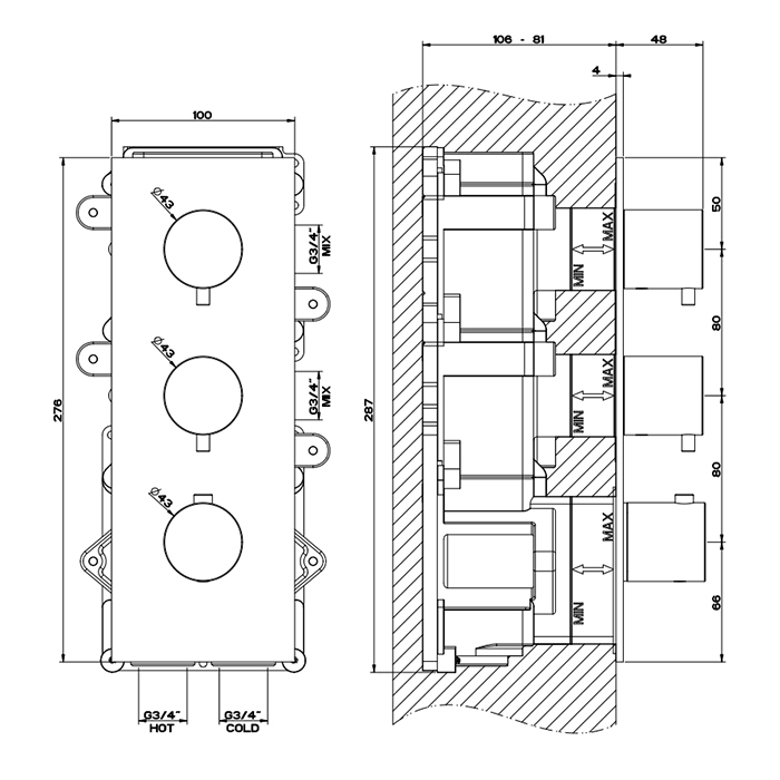 GESSI 316 встраиваемый термостатический смеситель на 2 источника, резьба 3/4 (внешние части), цвет: Black XL - Gidratop.ru изображение