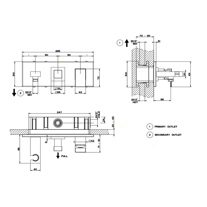 Gessi Rettangolo встраиваемый смеситель с изливом, подводом воды, держателем лейки и переключателем PULL(внешние части), цвет: хром - Gidratop.ru изображение