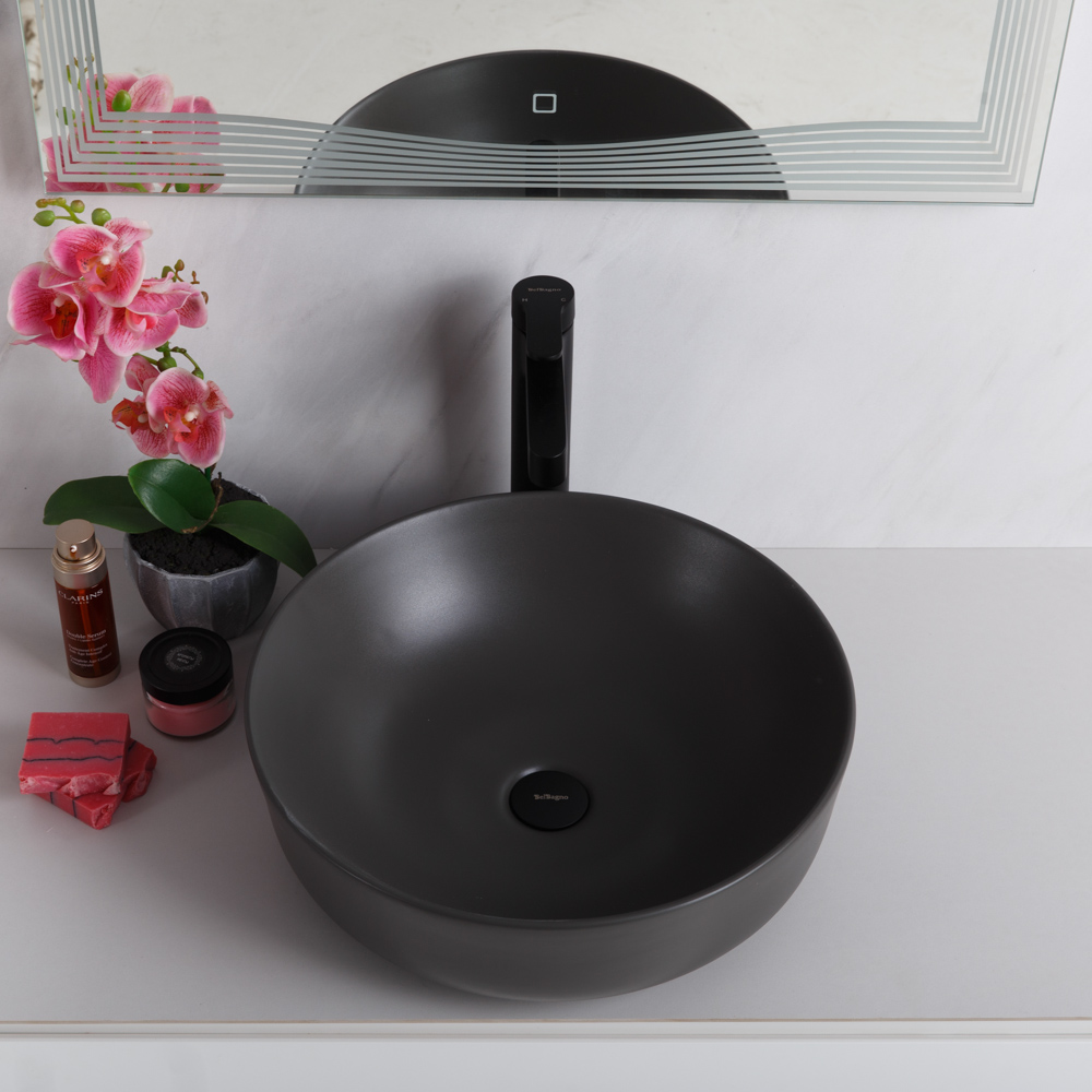 Раковина накладная керамическая, круглая, серая матовая, BB1315-H311, 410x410x130 - Gidratop.ru изображение