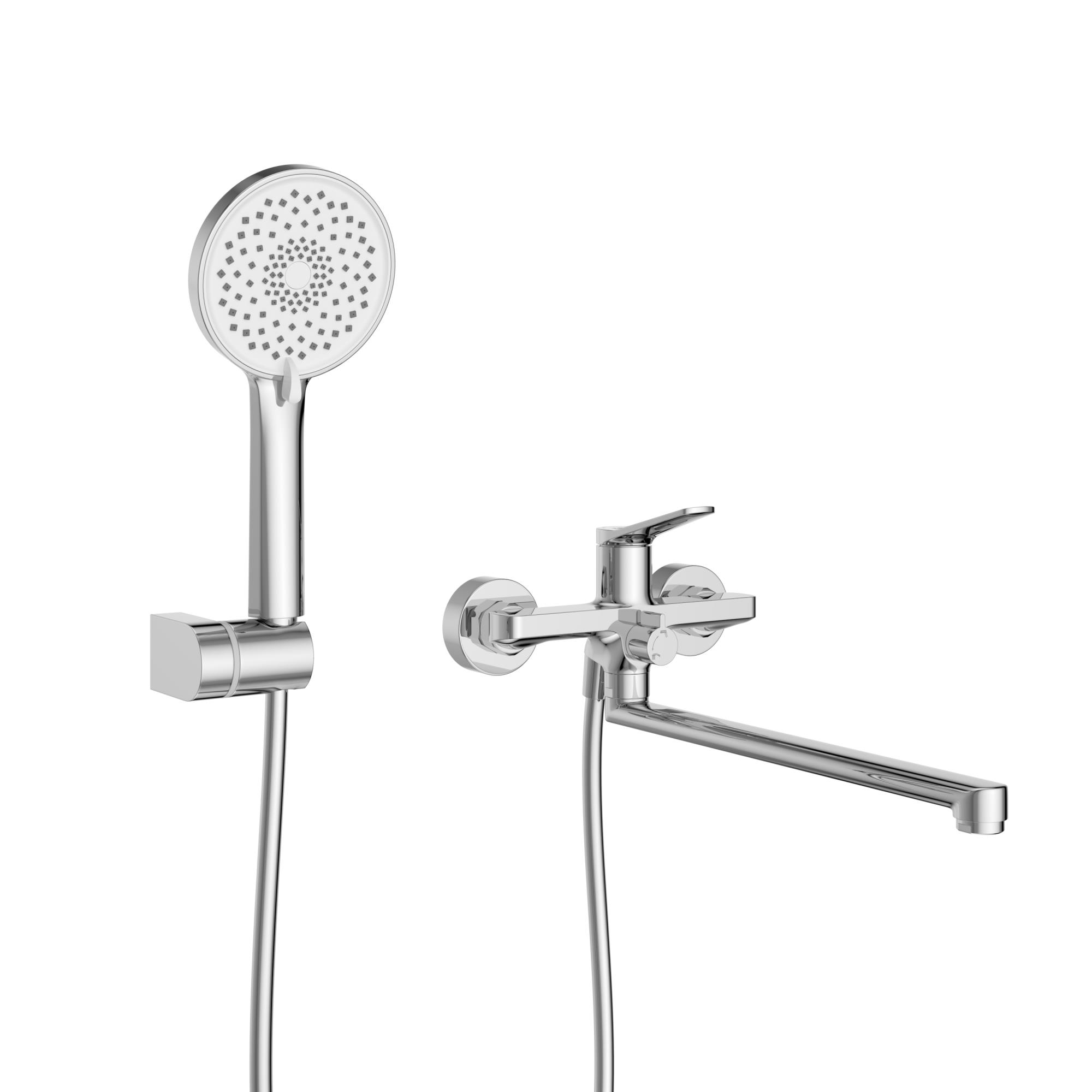 UNIQUE Смеситель для ванны и душа с длинным изливом в комплекте с ручным душем, шлангом и держателем, хром UNIQUE-VASM-L-CRM - Gidratop.ru изображение