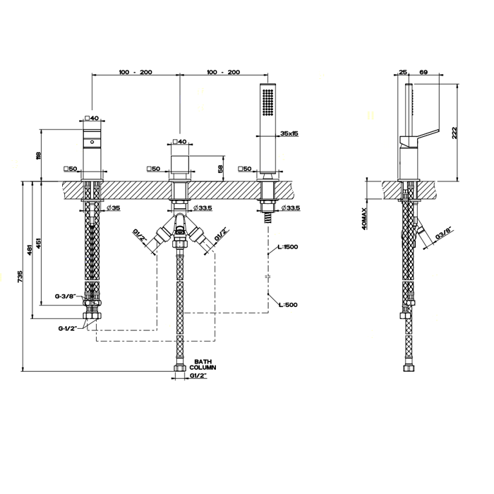 Gessi Rettangolo K смеситель для ванны на 3 отверстия, с переключателем и ручным душем, без излива, цвет: хром - Gidratop.ru изображение