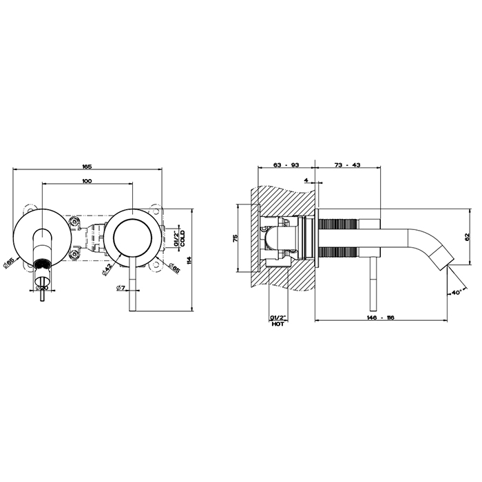 GESSI 316 встраиваемый смеситель для раковины с изливом 146-116мм (внешняя часть), цвет: brushed black metal pvd - Gidratop.ru изображение