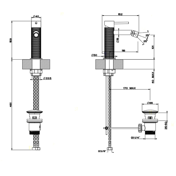 GESSI 316 смеситель для биде на 1 отверстие с донным клапаном, излив 118мм, цвет: steel brushed - Gidratop.ru изображение