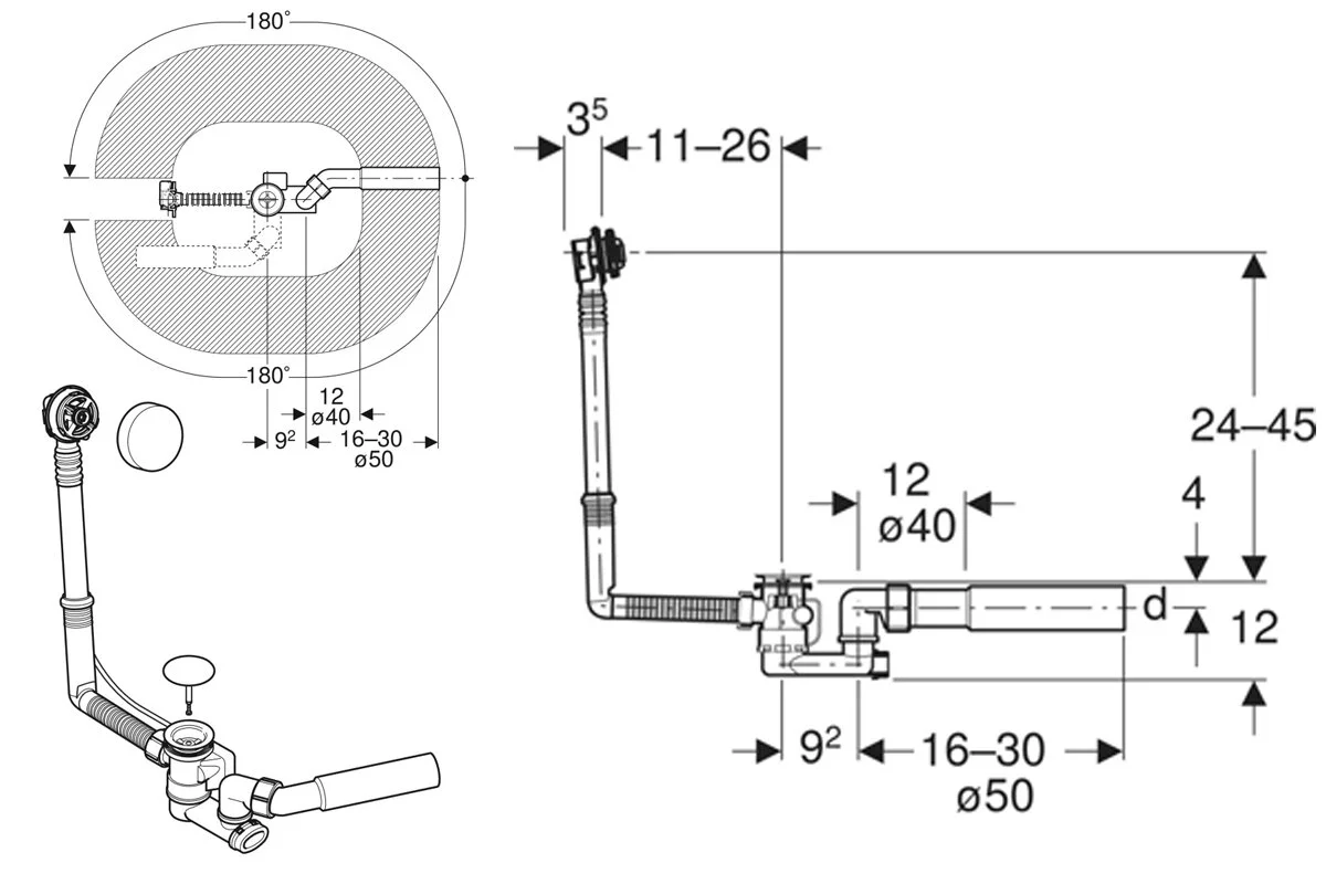 Слив-перелив Geberit для ванны, полуавтомат, хром глянцевый, 150.520.21.6 - Gidratop.ru изображение