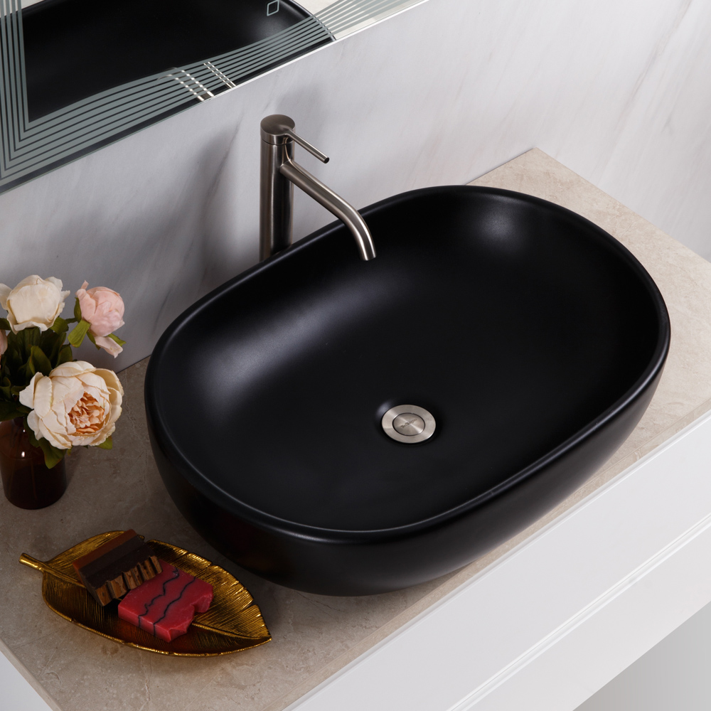Раковина накладная керамическая, овальная, чёрная матовая, BB1084-H301, 600x420x140 - Gidratop.ru изображение
