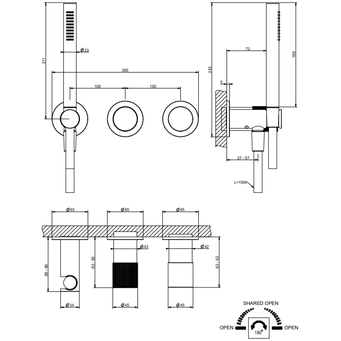 GESSI HABITO RIGATO смеситель настенный встр., однорыч., с перкл. на 2 положения, с ручным душем, настенным держателем, цвет Brass Brushed PVD - Gidratop.ru изображение
