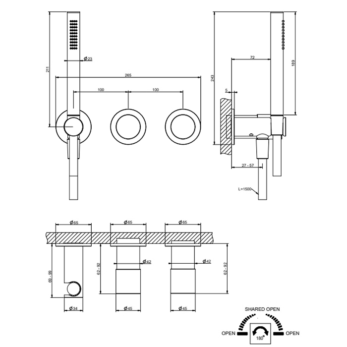GESSI HABITO UNITO смеситель настенный встраиваемый, однорычажный, с переключателем на 2 положения, с ручным душем,настенным держ, цвет Black Metal PV - Gidratop.ru изображение