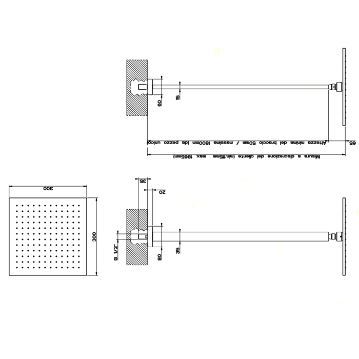 Gessi Rettangolo верхний душ для потолочного крепления 300x300мм, СПЕЦРАЗМЕР-УКАЖИТЕ (высота от 115 до 1865мм), цвет: хром - Gidratop.ru изображение