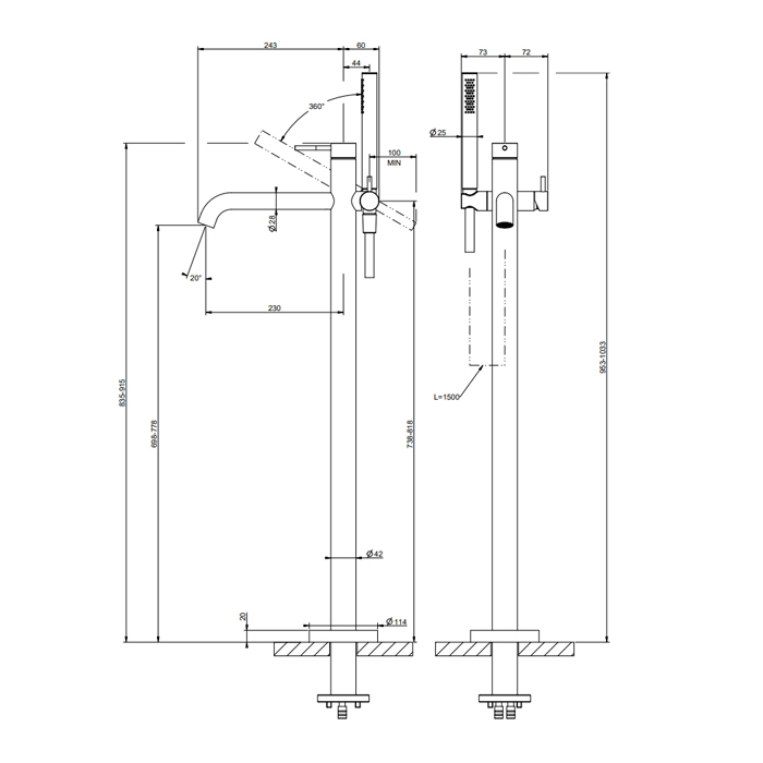 GESSI 316 напольный смеситель для ванны с душевой лейкой (внешние части), цвет: Black XL - Gidratop.ru изображение