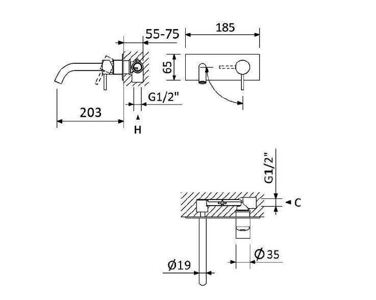 LEAF-BLI1-20-L-01-W0 Смеситель для раковины встраиваемый, однорычажный, излив и ручка на единой площадке, длина излива 20 см, исполнение Хром - Gidratop.ru изображение