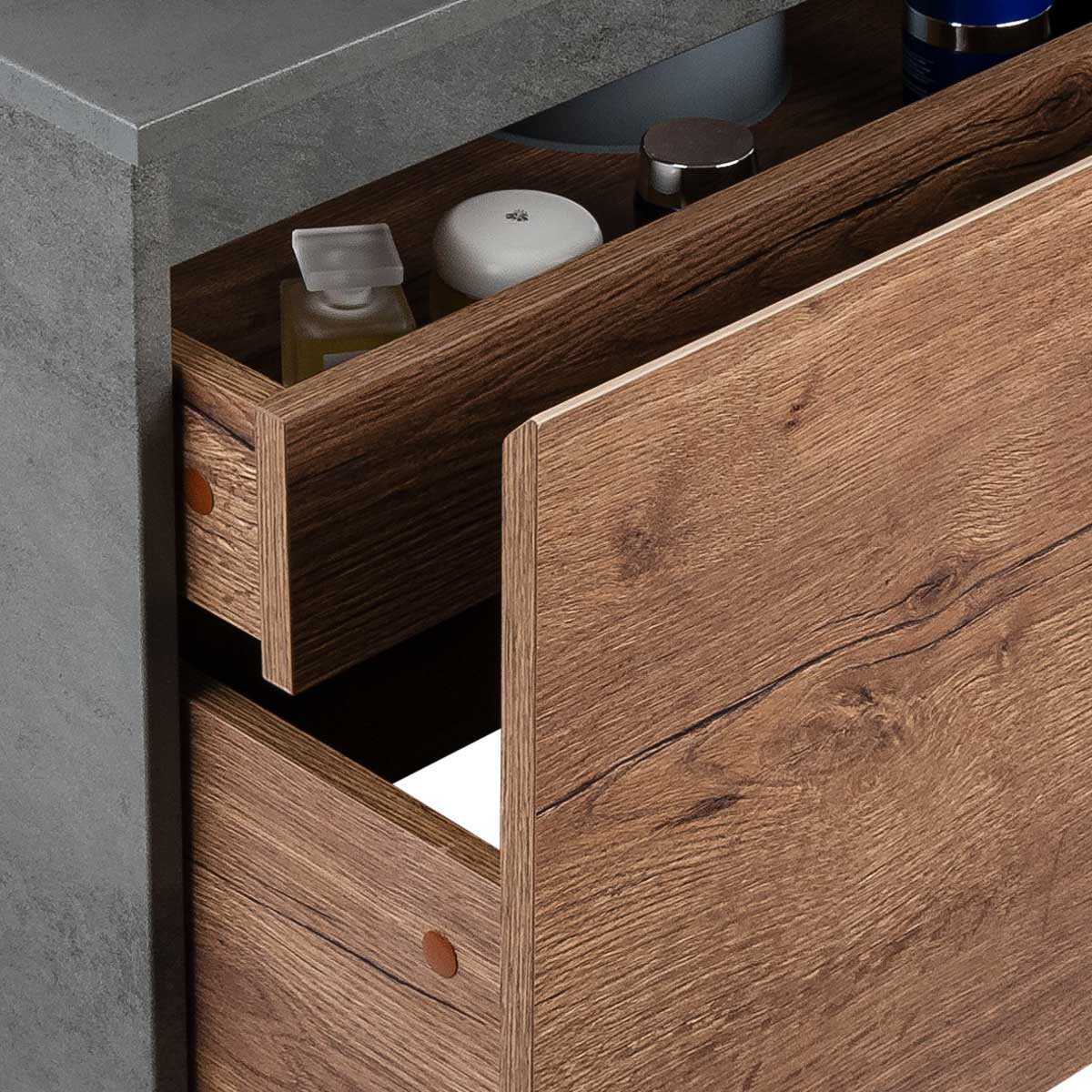 База под накладную раковину Mesa 600 подвесная, 1 выкатной/1 скрытый ящик soft close, T.Oak + Beton - Gidratop.ru изображение