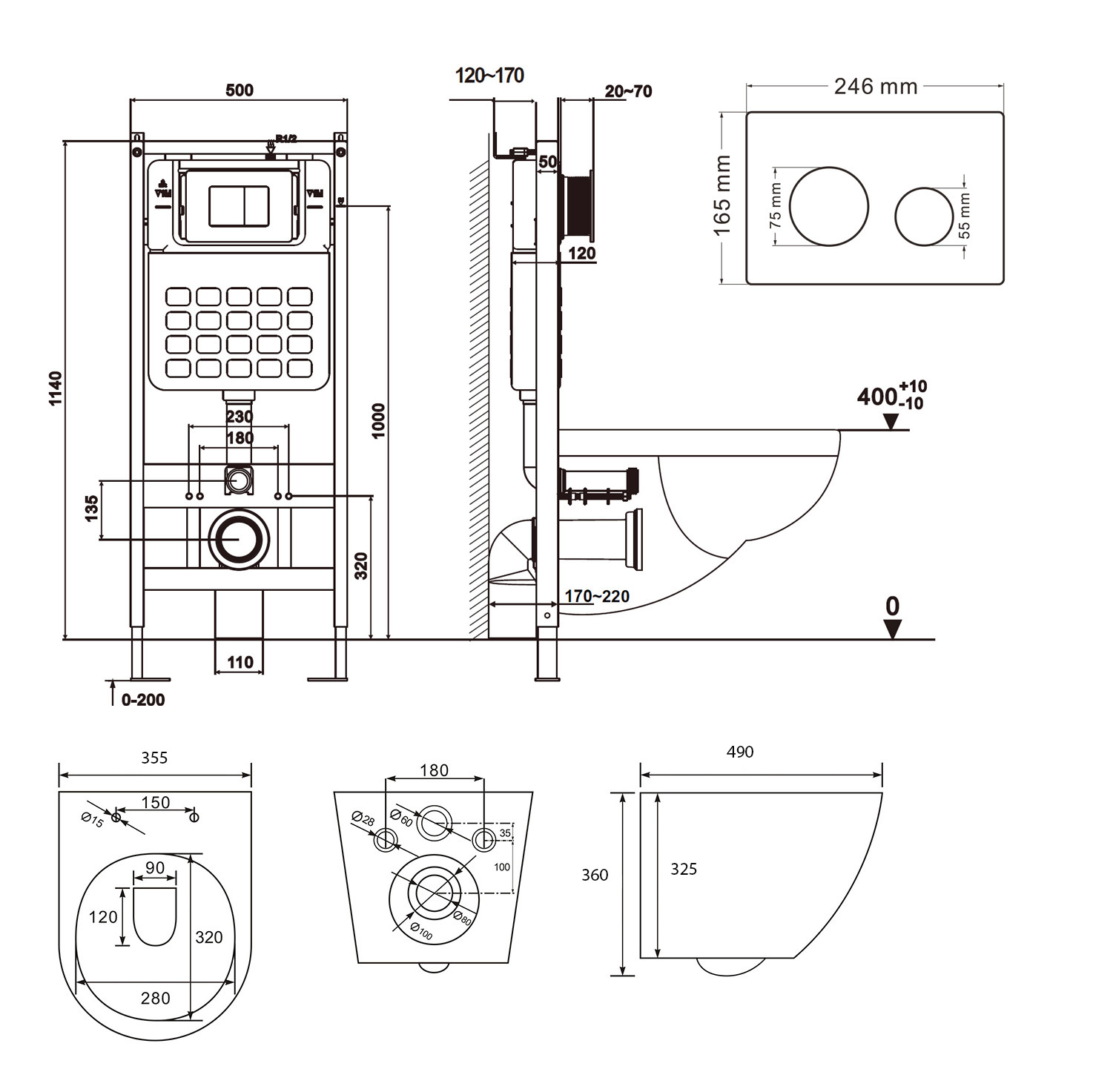Комплект ABBER унитаз AC1100 белый с инсталляцией AC0105 и кнопкой AC0120 хром, биде AC1150 с инсталляцией AC0101P - Gidratop.ru изображение
