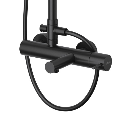 LEAF-CVDA-30-L-NOP Душевая стойка телескопическая, с изливом с верхним и ручным душем, верхний душ диаметр 230 мм АБС пластик, исполнение Чёрный матовый - Gidratop.ru изображение