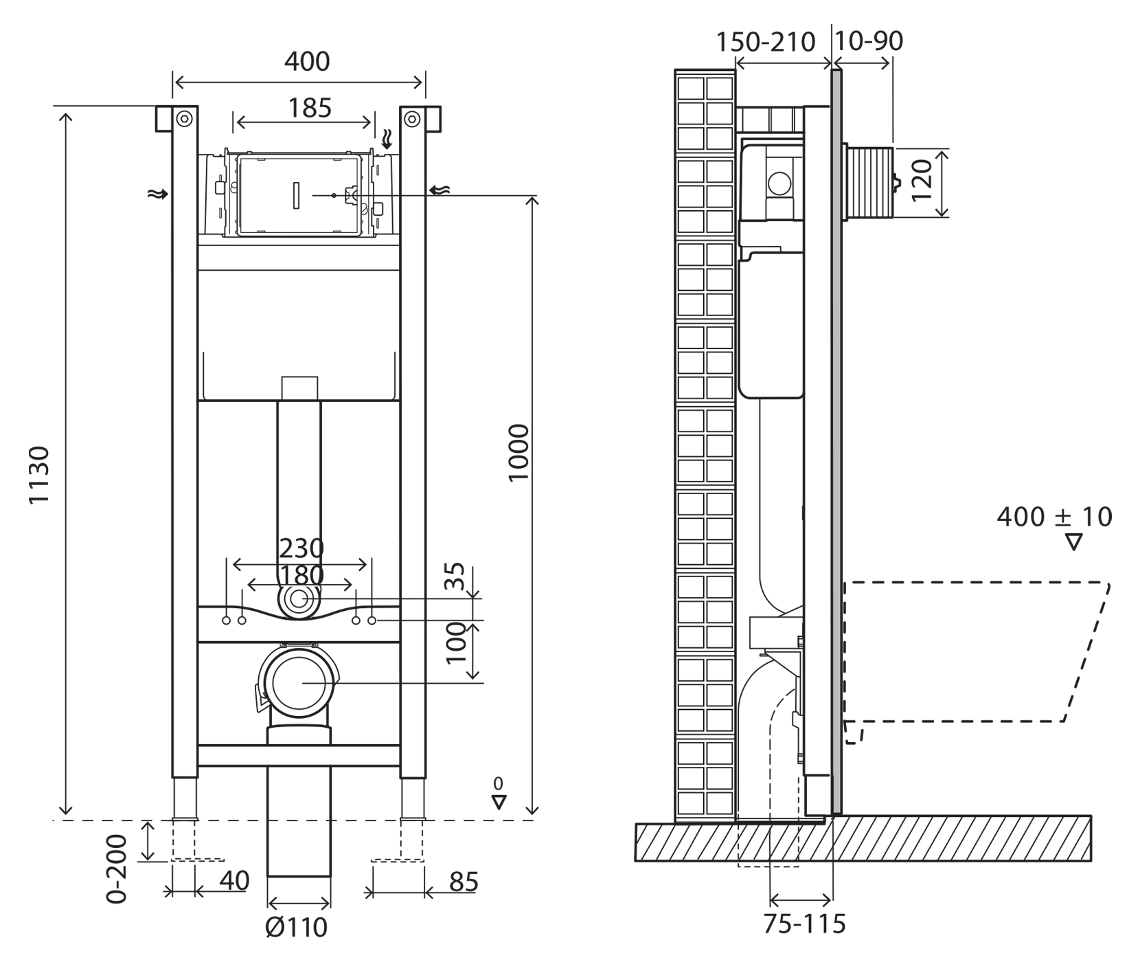 Инсталляция BelBagno EXPERT 40 для подвесного унитаза, 1130х400х150 мм, со смывным бачком скрытого монтажа, фронтальное/горизонтальное управление, крепление к стене в комплекте - Gidratop.ru изображение