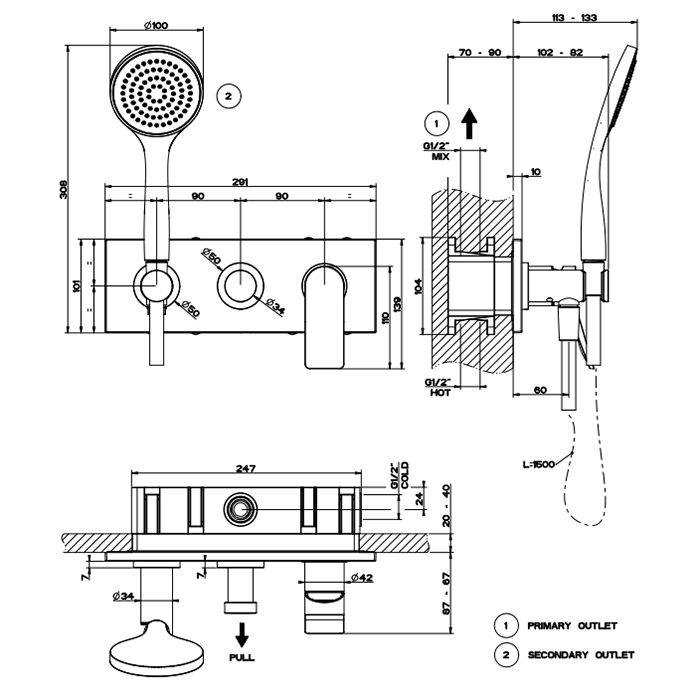 GESSI Rilievo встраиваемый смеситель для ванны на 2 источника, с душевой лейкой и переключателем (внешние части), цвет: nero XL - Gidratop.ru изображение