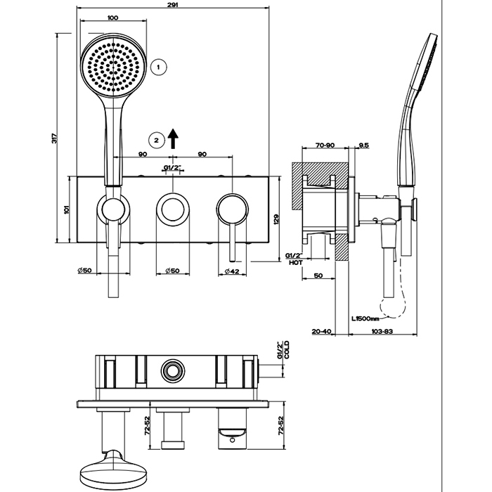 Gessi Emporio Via tortona внешние части для встр. однорычажного смесителя на 2 позиции с переключателем, подводом воды и держателем лейки, душевойлейк - Gidratop.ru изображение