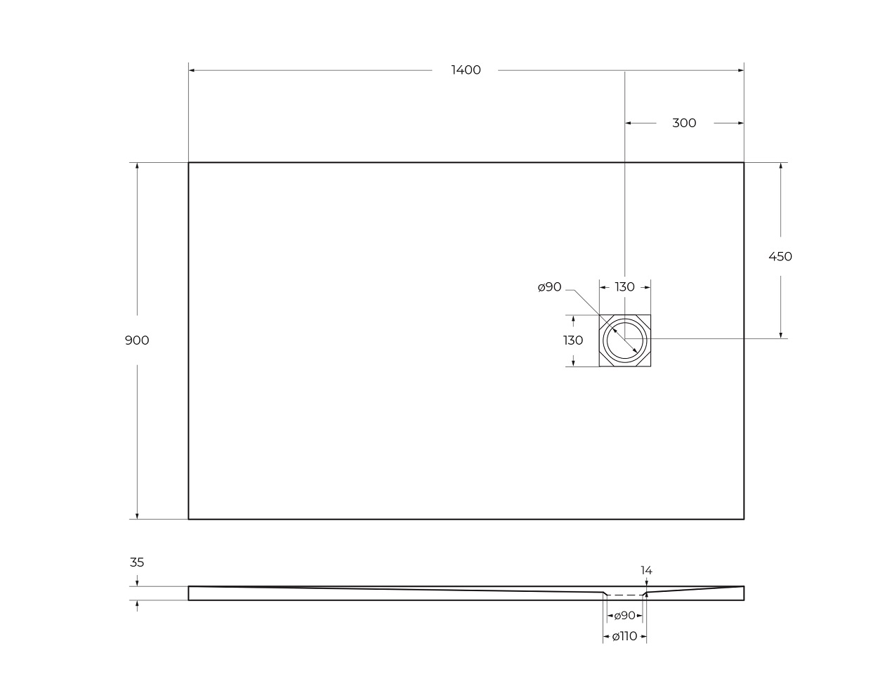 Душевой поддон из искусственного мрамора в комплекте с сифоном BelBagno UNO TRAY-MR-UNO-AH-140/90-35-W-CR - Gidratop.ru изображение