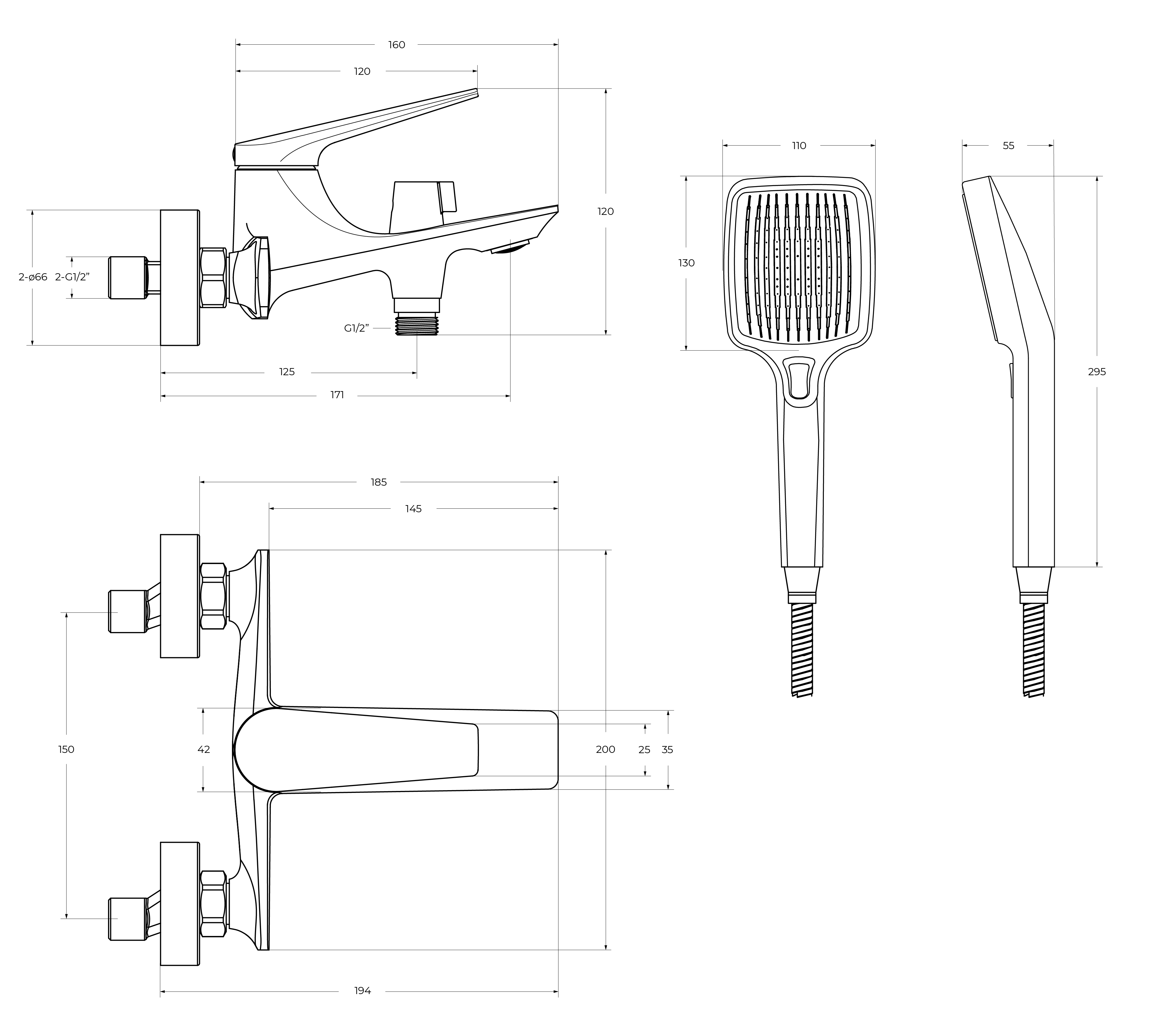 LINER-VD-GM Смеситель для ванны и душа однорычажный  в комплекте с ручным душем, шлангом и держателем, исполнение оружейная сталь - Gidratop.ru изображение
