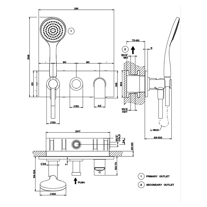 Gessi Emporio Via manzoni внешние части для встр. однорычажного смесителя на 2 позиции с переключателем, подводом воды и держателем лейки, душевойлейк - Gidratop.ru изображение