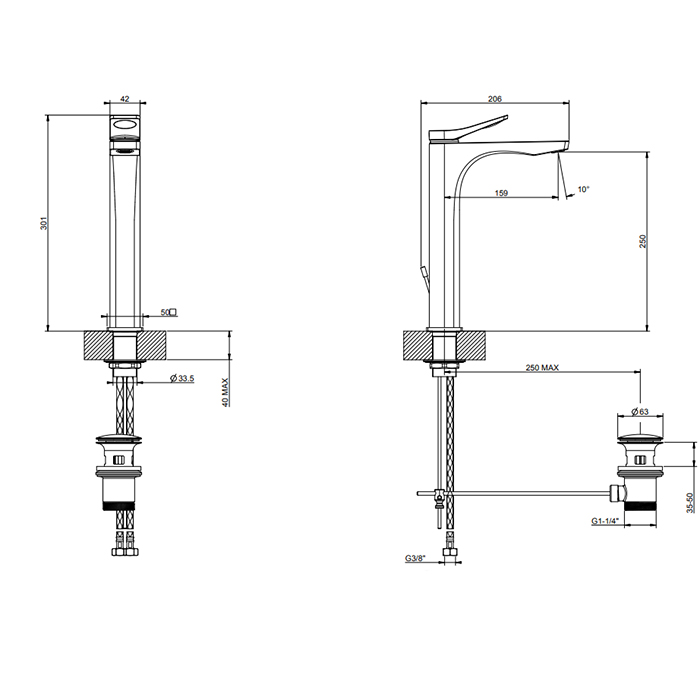 GESSI Rilievo смеситель для раковины на 1 отв. с донным клапаном  h=301мм, излив 159мм , цвет: nero XL - Gidratop.ru изображение