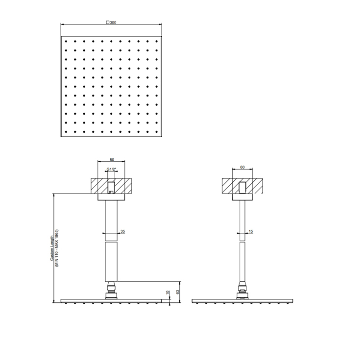 Gessi Rettangolo верхний душ для потолочного крепления 300x300мм, СПЕЦРАЗМЕР-УКАЖИТЕ (высота от 115 до 1865мм), цвет: черный - Gidratop.ru изображение