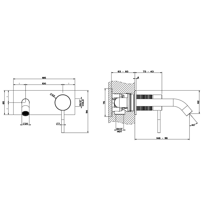 GESSI 316 встраиваемый смеситель для раковины с изливом 146-116мм (внешняя часть), цвет: brushed black metal pvd - Gidratop.ru изображение