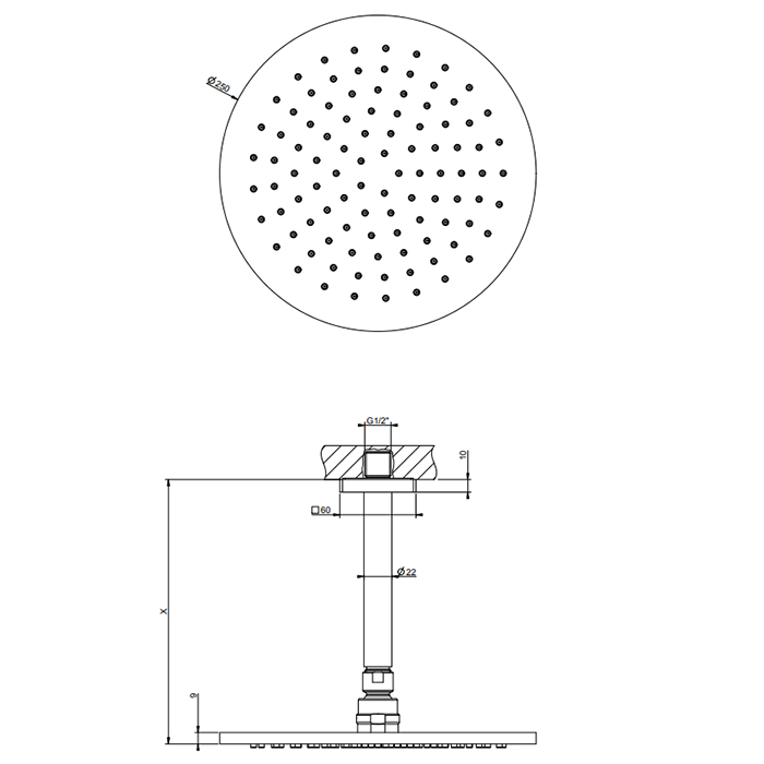 GESSI Rilievo потолочная верхний душ шарнирная на 1/2, Oslash;250мм, длина изгот. под заказ (105 - 1855мм), цвет: хром - Gidratop.ru изображение