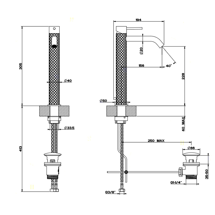 GESSI 316 смеситель высокий для раковины на 1 отверстие с донным клапаном, h=305мм , излив 156мм, цвет: steel brushed - Gidratop.ru изображение