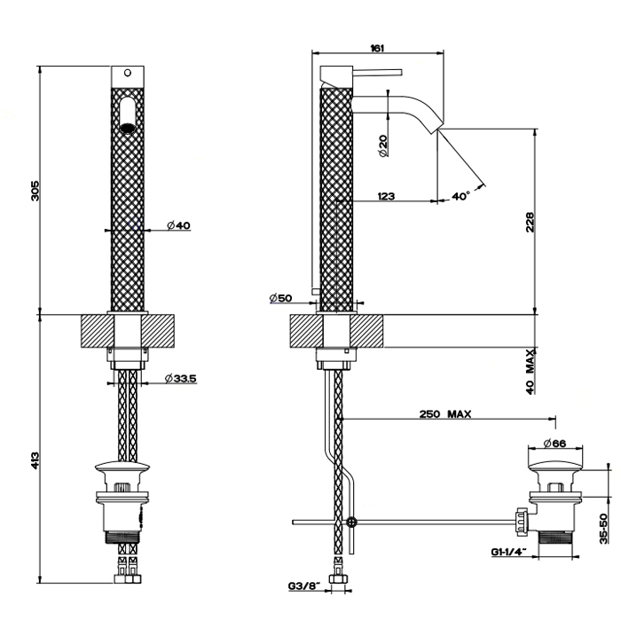 GESSI 316 смеситель высокий для раковины на 1 отверстие с донным клапаном, h=305мм , излив 123мм, цвет: steel brushed - Gidratop.ru изображение