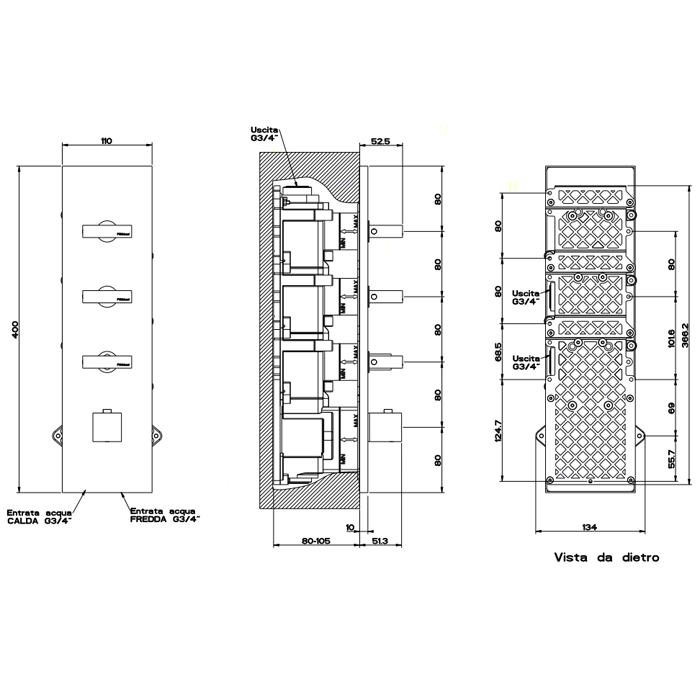 Gessi Rettangolo встраиваемый термостат, подключение на 3/4, с 3мя независимыми выходами(внешние части), цвет: хром - Gidratop.ru изображение