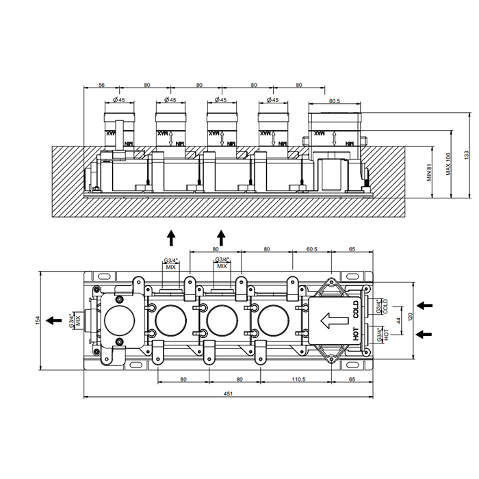 Gessi Hi-Fi встраиваемая части для термостатического смесителя, до 3 источников одновременно, 3/4 соединение., цвет: хром - Gidratop.ru изображение