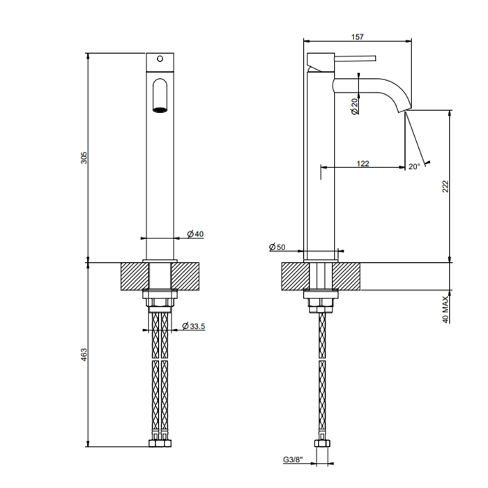 GESSI 316 смеситель для раковины на 1 отверстие, высокий h=305мм,  без донного клапана, излив 123мм, цвет: Black XL - Gidratop.ru изображение