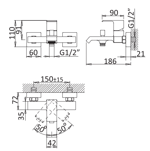 PORTA-VM-NOP Смеситель для ванны и душа однорычажный, в комплекте с ручным душем, шлангом и держателем, исполнение черный матовый - Gidratop.ru изображение