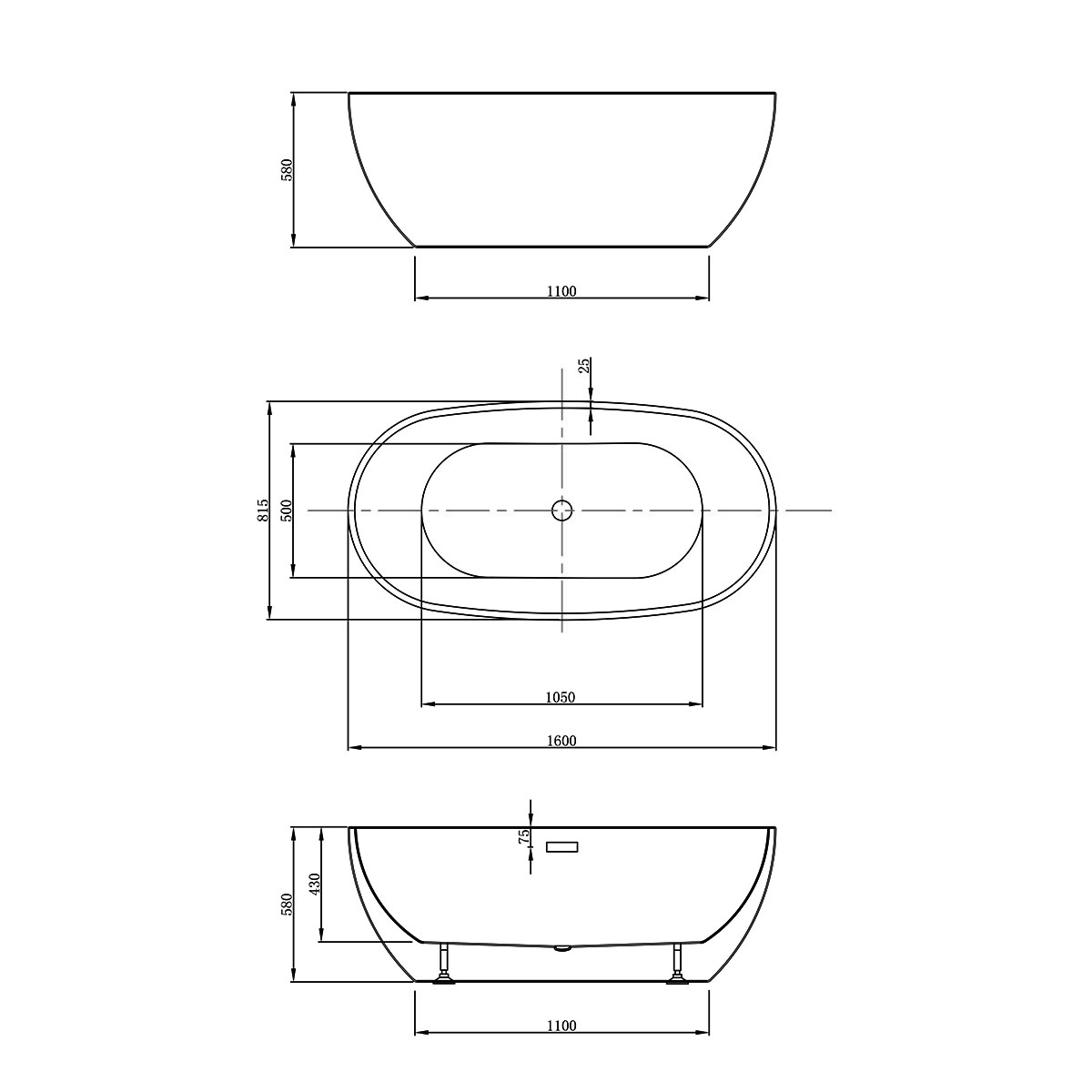 Ванна акриловая Vincea VBT-408-1600 1600*815*580, цвет белый, щелевой перелив - Gidratop.ru изображение
