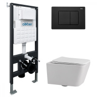 Комплект подвесной унитаз ABBER Rechteck AC1201 белый с инсталляцией AC0105 и кнопкой AC0120MB черный матовый - Gidratop.ru изображение