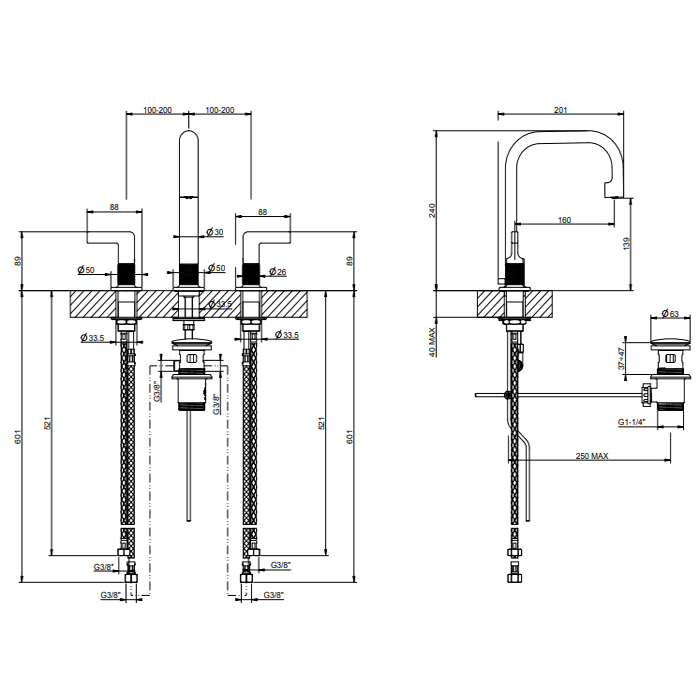 GESSI INCISO смеситель для раковины на 3 отверстия с донным клапаном, излив 160мм, h=240мм Цвет: хром - Gidratop.ru изображение