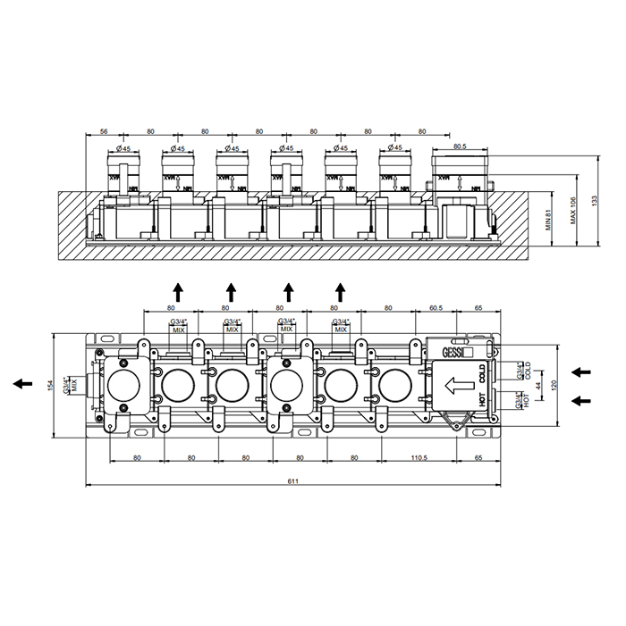 Gessi Hi-Fi встраиваемая части для термостатического смесителя, до 5 источников одновременно, 3/4 соединение., цвет: хром - Gidratop.ru изображение