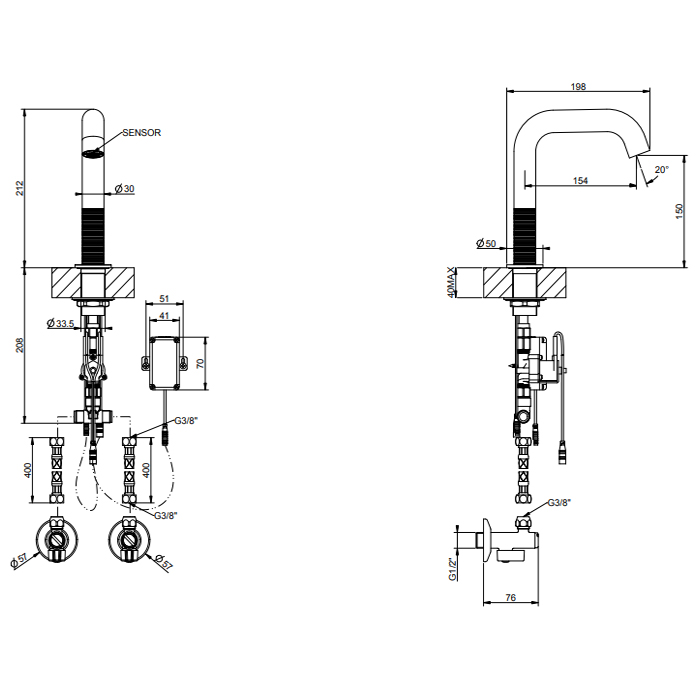 GESSI 316 TRAME смеситель для раковины, электронный, с кран-фильтром для регулировки температ и напора воды, высота излива 150 мм., цвет Steel Brushed - Gidratop.ru изображение