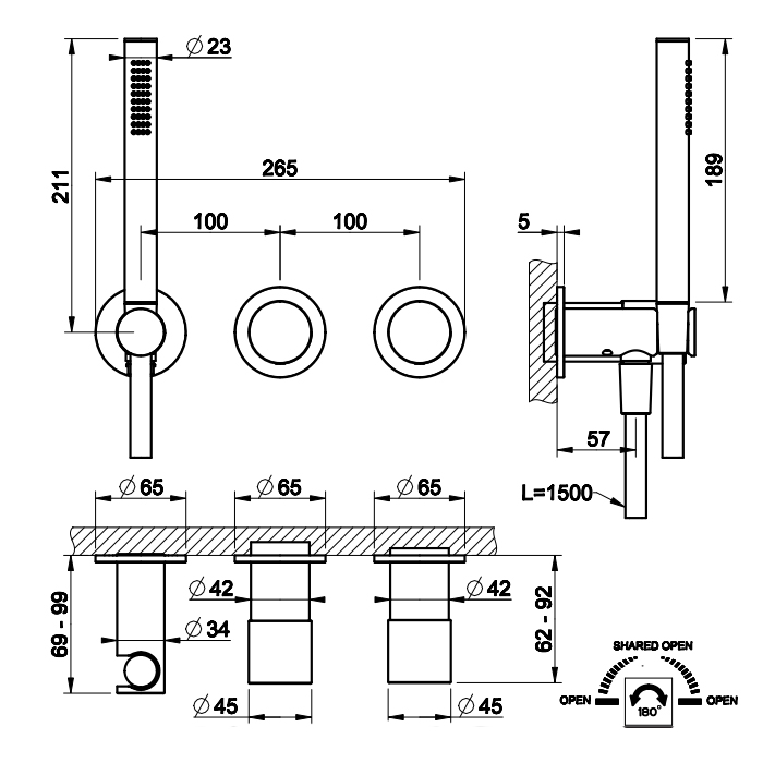 GESSI HABITO TRAME смеситель настенный встраиваемый, однорыч., с перекл. на 2 полож., с ручным душем, настенным держ., цвет Black Metal Br. PVD - Gidratop.ru изображение