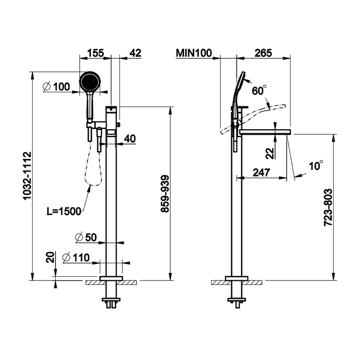 Gessi Emporio Via manzoni внешние части для напольного смесителя для ванны с душевой лейкой, цвет: Finox Brushed Nickel - Gidratop.ru изображение
