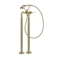 GESSI VENTI20 смеситель для ванны напольный, двухвентильный, с ручным душем и шлангом 1500 мм., внешняя часть, цвет Brushed Brass PVD - Gidratop.ru изображение